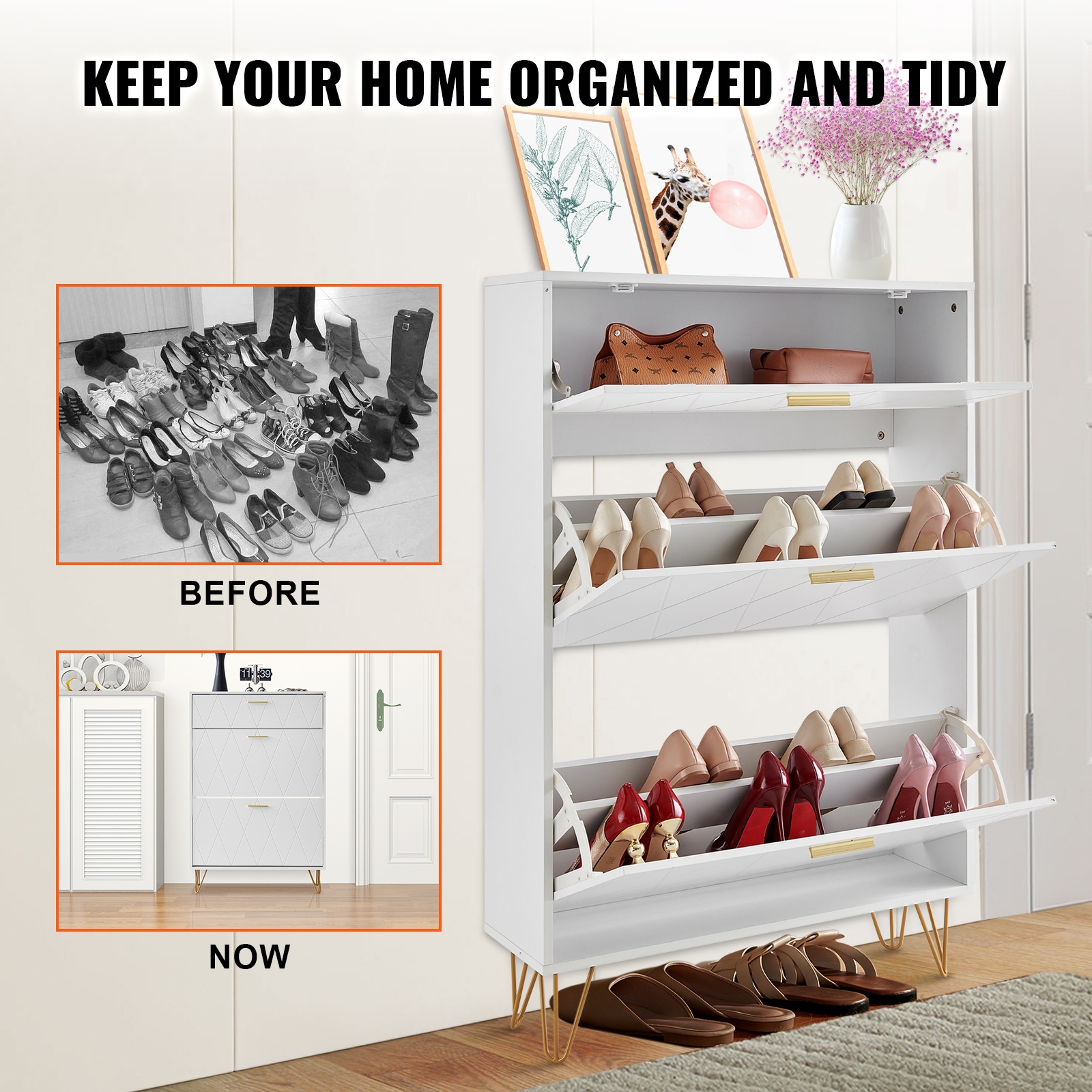 Shoe Cabinet With 3 Flip Drawers For Entryway Shoe Storage_voghion.com